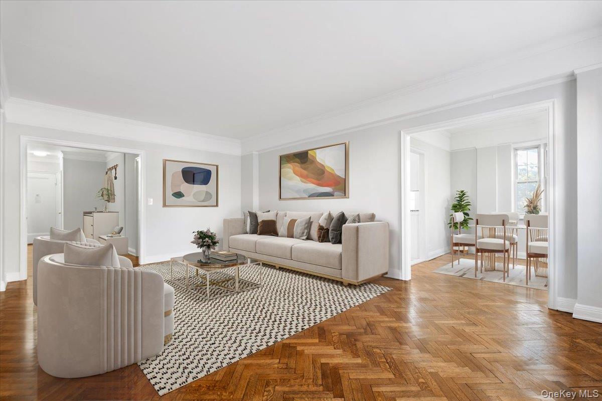a living room with furniture and a table