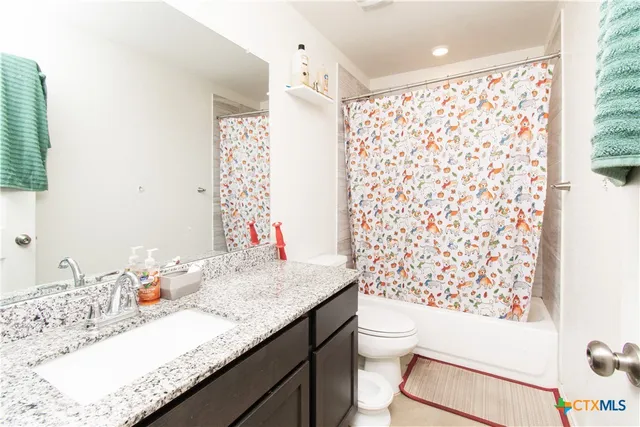 a bathroom with a granite countertop sink a toilet and shower curtain