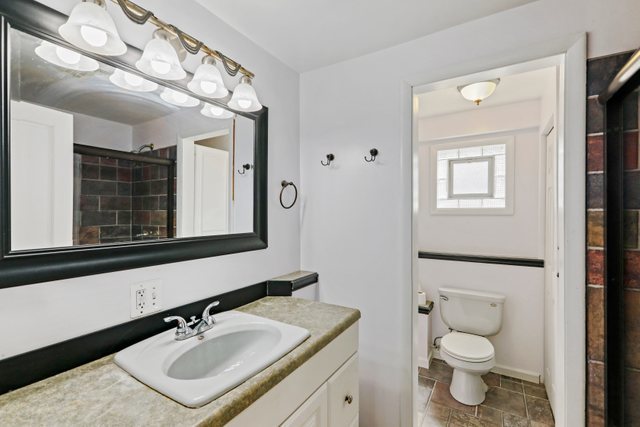 1S225 Valley Road Lombard, IL 60148 - Photo 26 of 46 a bathroom with a toilet a sink a mirror and a window