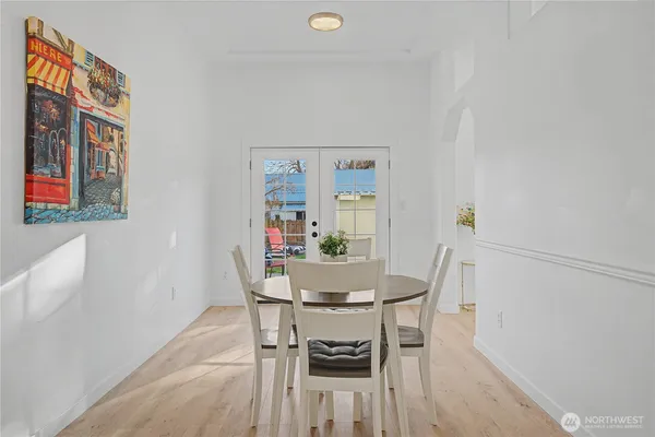 a view of a dining room with furniture