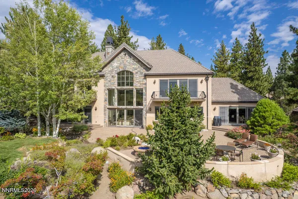 a view of a garden with a tree in the background