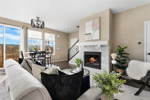 a living room with furniture potted plant floor to ceiling window and a fireplace