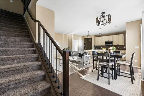 a view of a dining room with furniture
