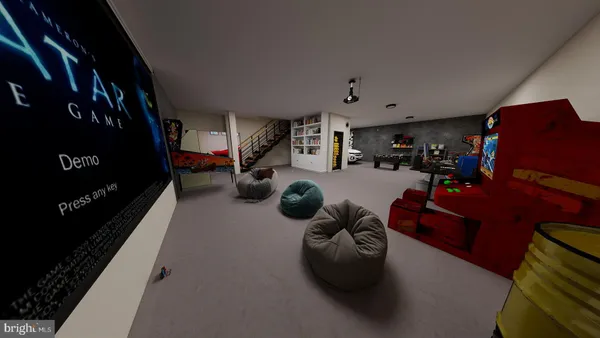 a room with pool table and furniture