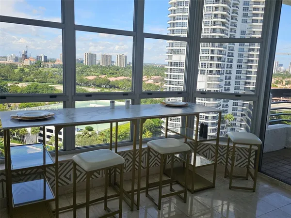 a view of a dining room with furniture window and outside view