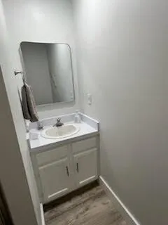 a bathroom with a sink and mirror