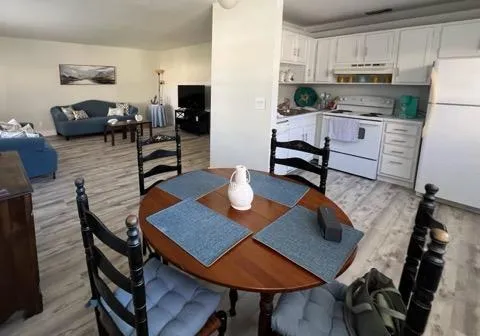 a living room with stainless steel appliances furniture a rug and a stove