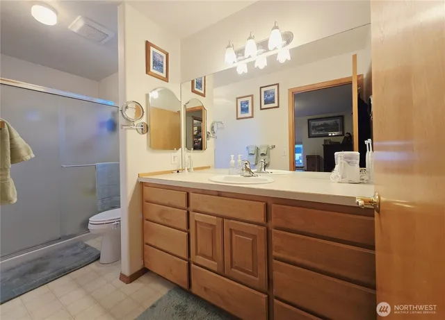 a bathroom with a double vanity sink mirror and toilet