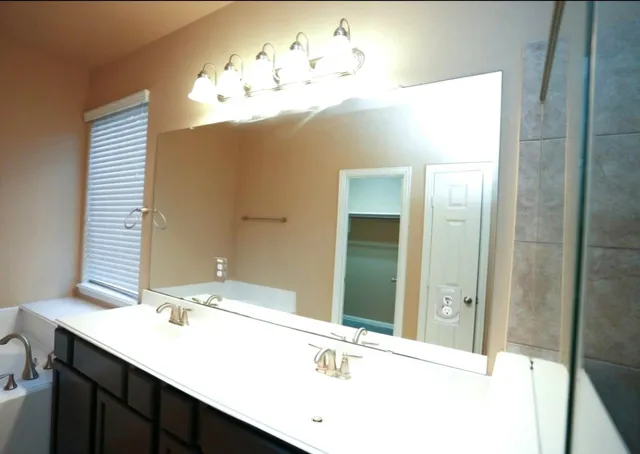 a bathroom with a sink and a mirror