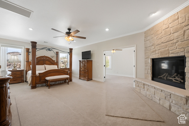 230 Boulder Way Leeds, UT 84746 - Photo 16 of 72 Spacious Master Suite with ornamental molding, floor to ceiling stone fireplace with hearth, ceiling fans in attached office, light colored carpet, recessed lighting.