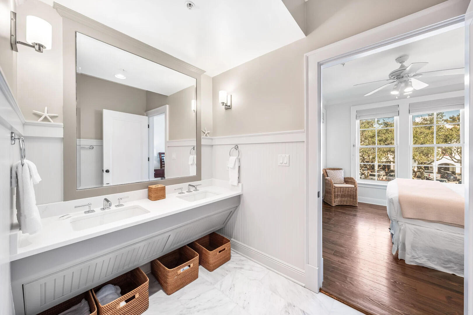 104 North Barrett Square, Unit 2A Inlet Beach, FL 32461 - Photo 26 of 44 a en suite bathroom with a granite countertop sink a mirror and a