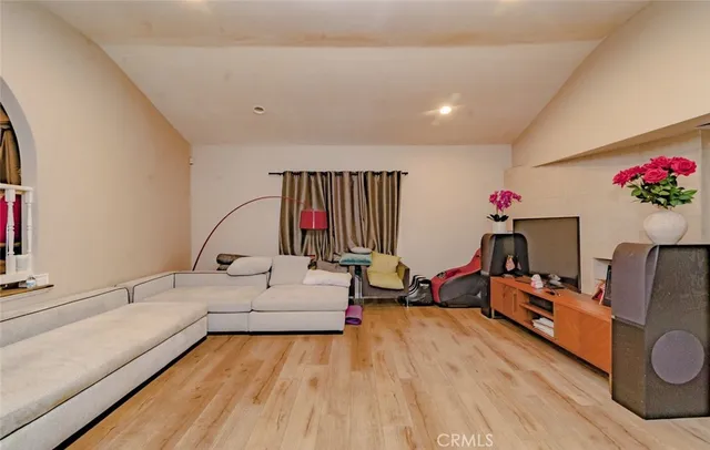 a living room with furniture and a potted plant