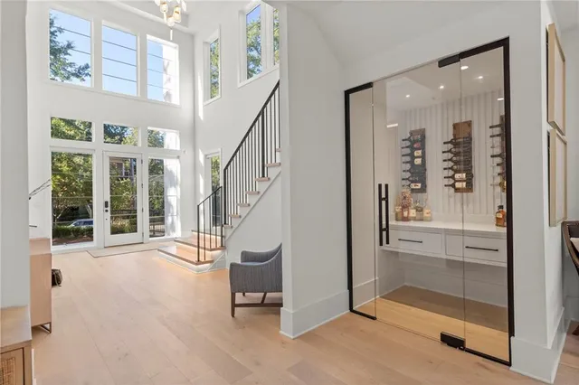 a view of a hallway with windows