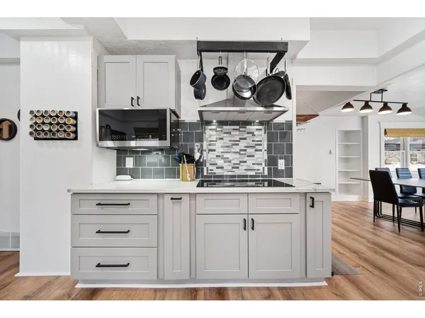 a kitchen with a stove and a microwave