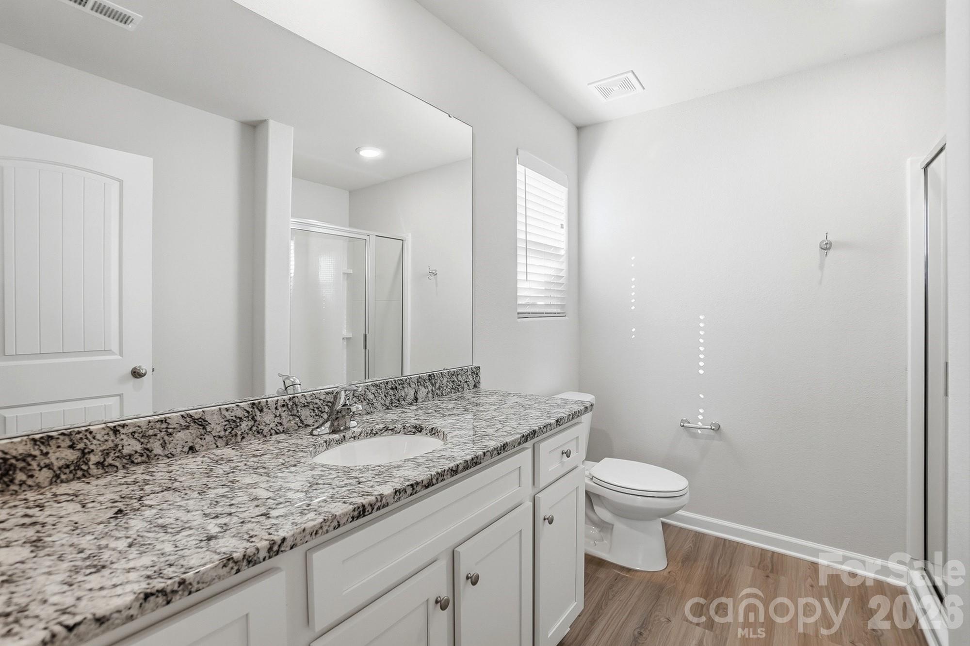 907 Morien Street Richburg, SC 29729 - Photo 19 of 28 a bathroom with a granite countertop sink a toilet and a mirror