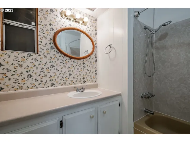 a bathroom with a sink and a mirror