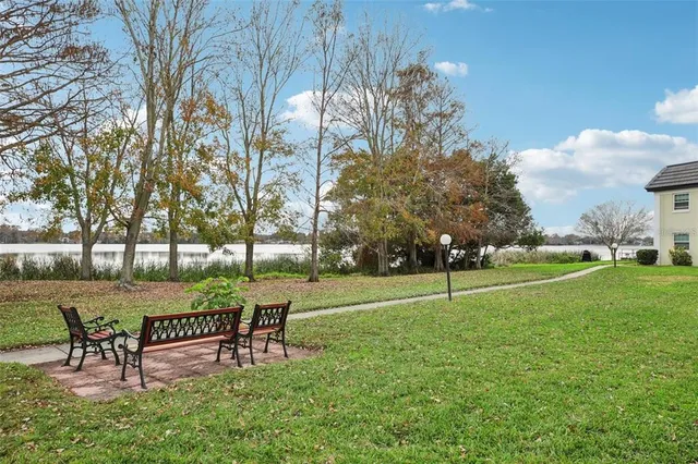a view of a park with bench and trees