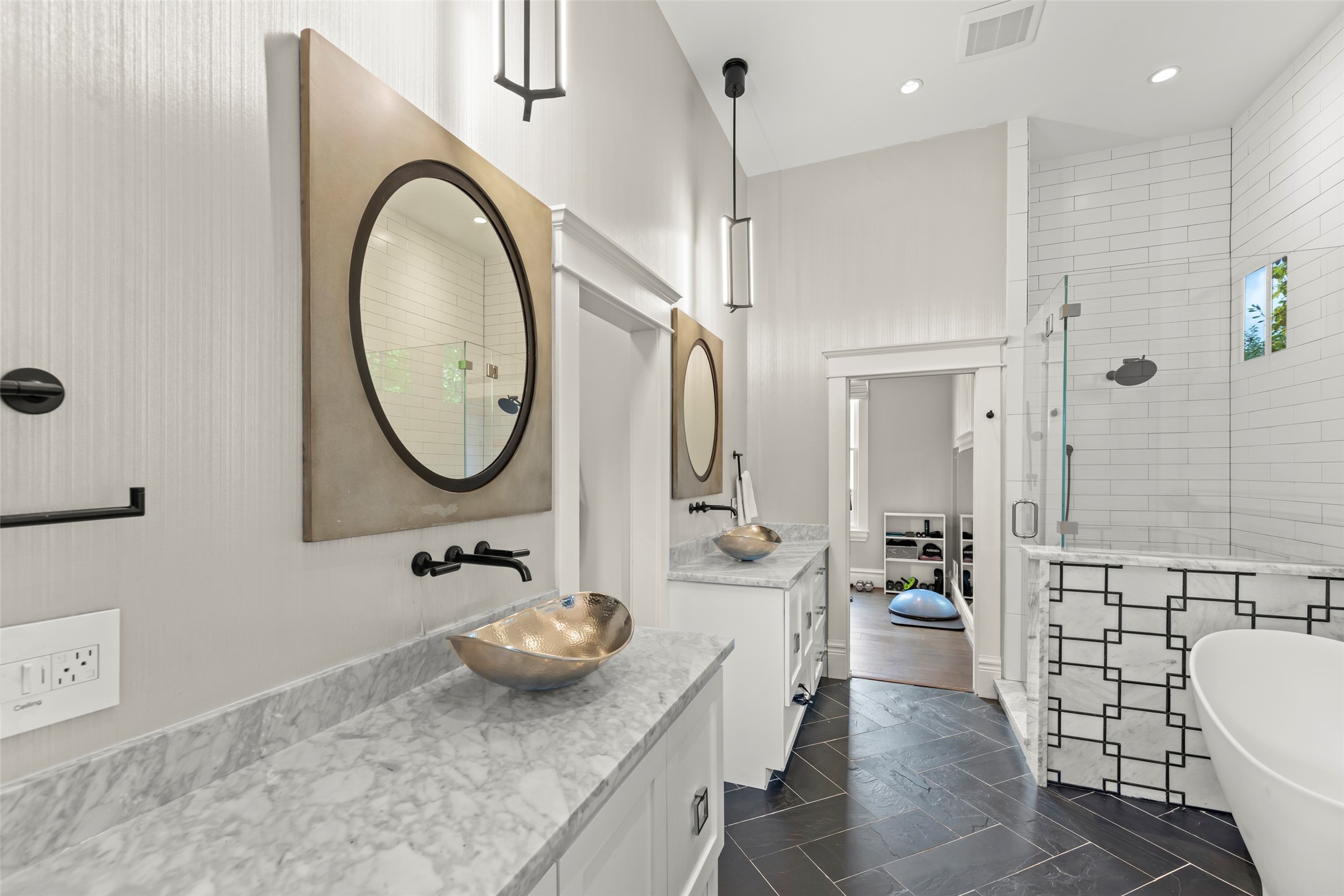 1810 Kane Street Houston, TX 77007 - Photo 29 of 47 a bathroom with a granite countertop sink mirror and a shower