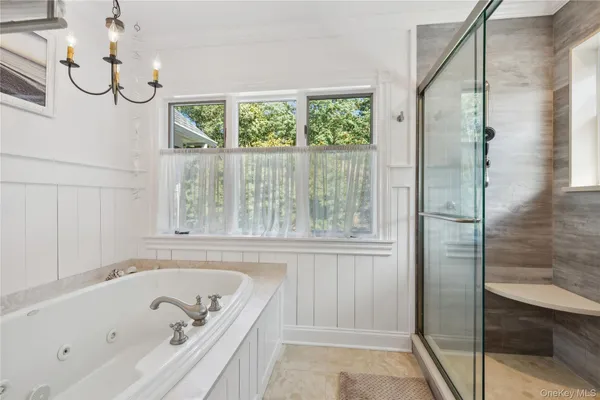 a bathroom with a bathtub and a shower