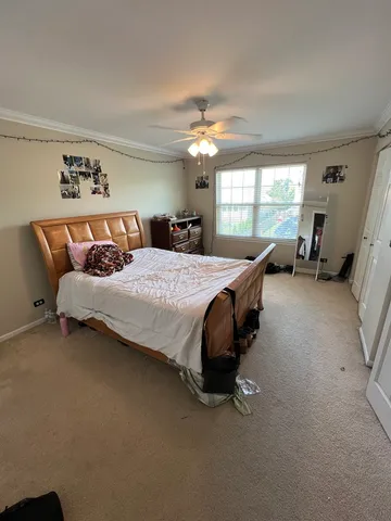a bedroom with a bed and a large window