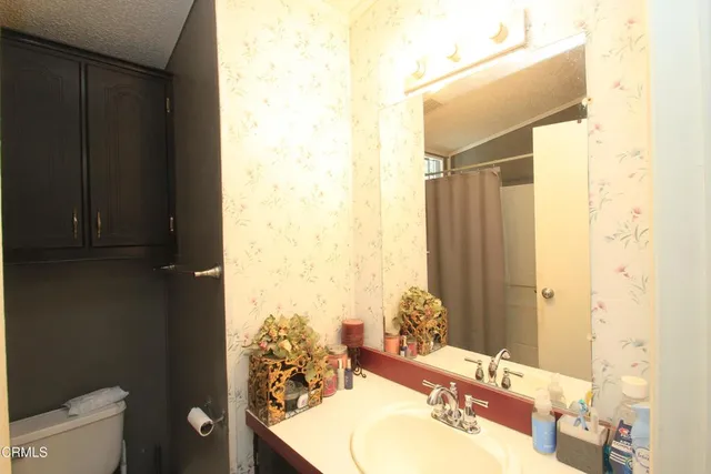 a bathroom with a sink vanity mirror and toilet