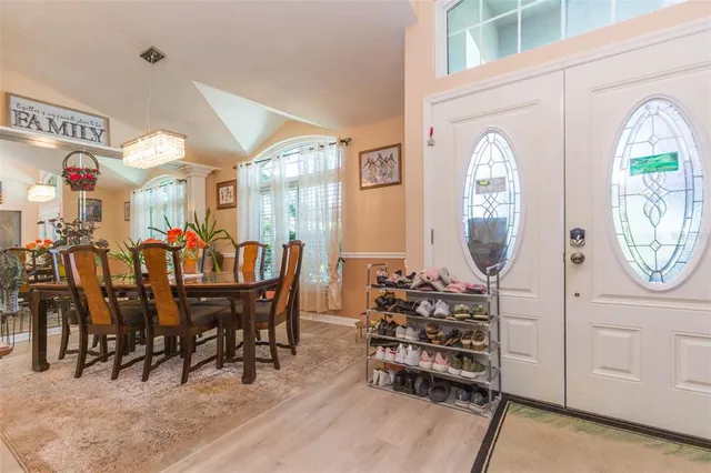 a view of a dining room with furniture