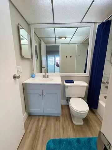 a bathroom with a sink toilet a mirror and vanity