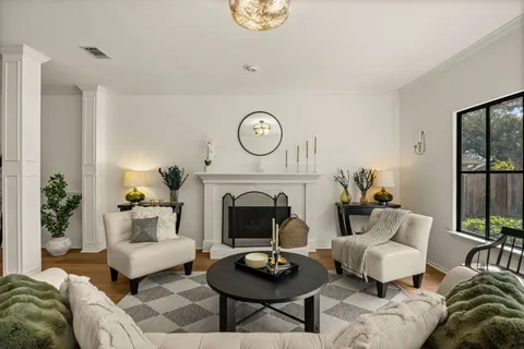 a living room with furniture a fireplace and a potted plant