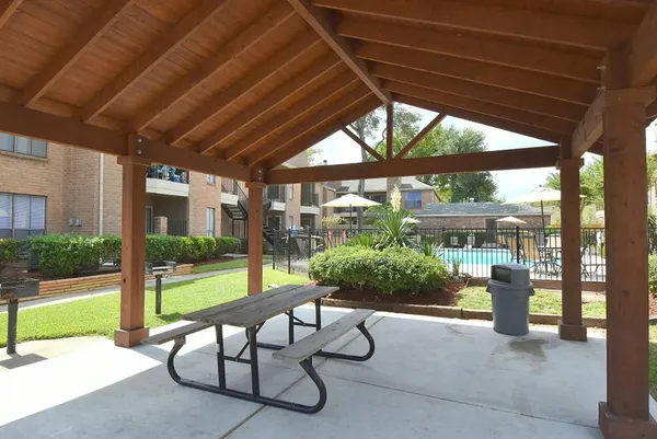a garden view with a seating space