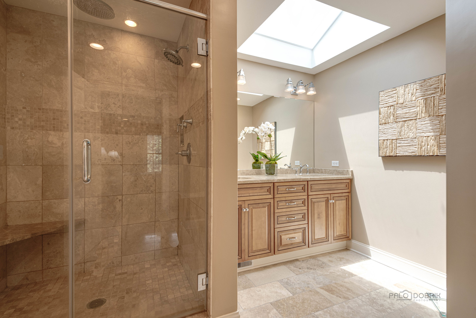 80 North Ridge Road Lake Forest, IL 60045 - Photo 21 of 36 a bathroom with a granite countertop sink a mirror a shower and a bathtub