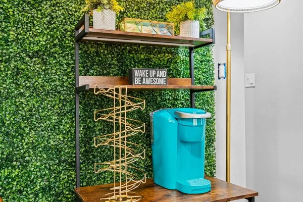 a view of a back yard from a balcony