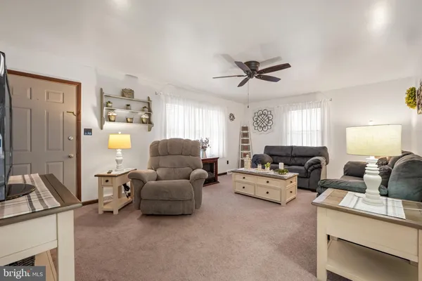 a living room with furniture and a lamp
