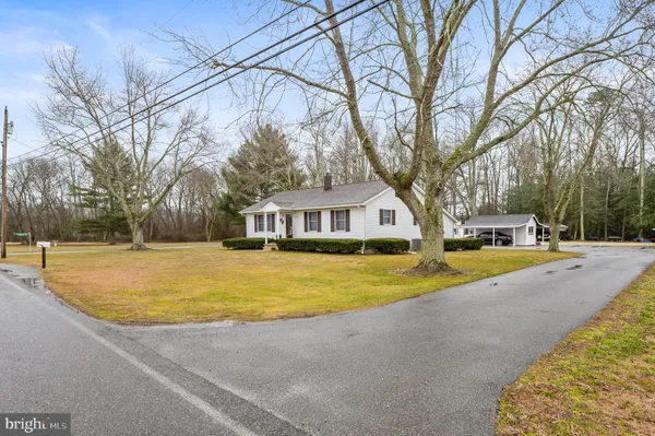 a front view of house with outdoor space and trees all around
