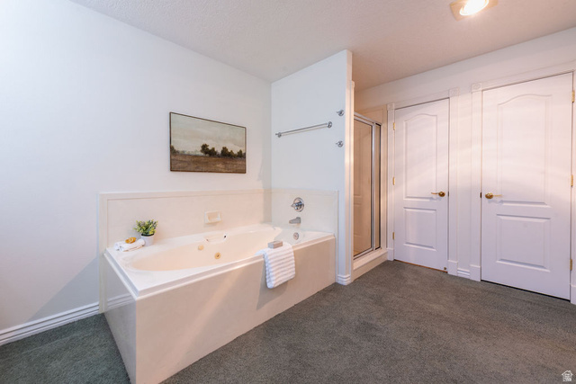 875 East 1300th Street North Mapleton, UT 84664 - Photo 32 of 65 Bathroom featuring dark carpet, a shower stall, and a whirlpool tub