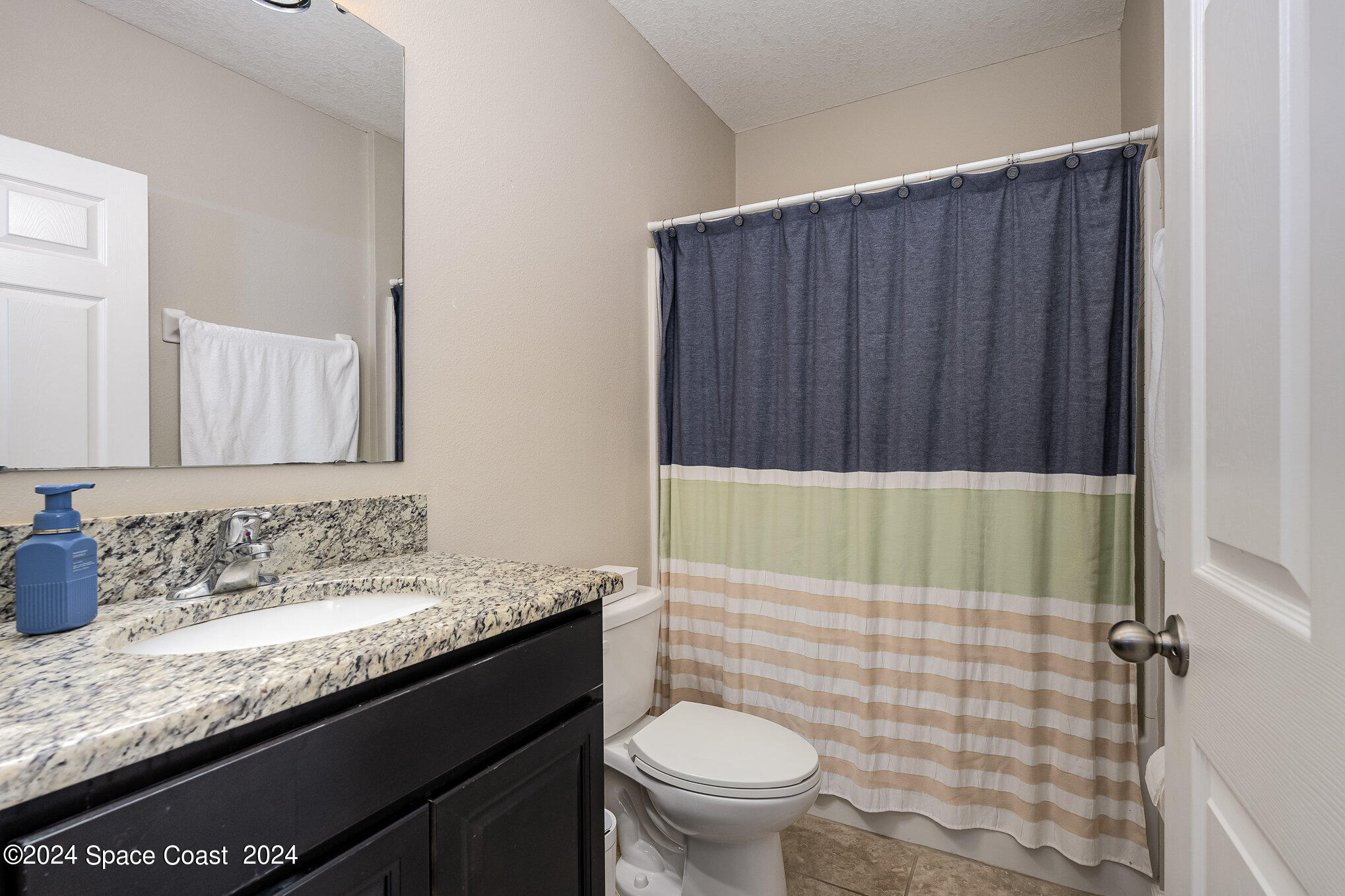 4210 Harvest Circle Rockledge, FL 32955 - Photo 19 of 24 a bathroom with a sink a toilet a mirror and shower curtain