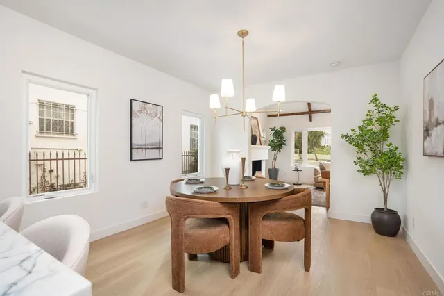 a view of a dining room with furniture