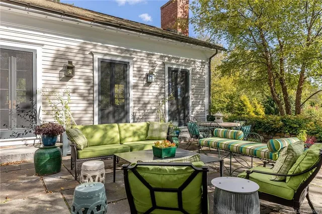 a building outdoor space with patio furniture