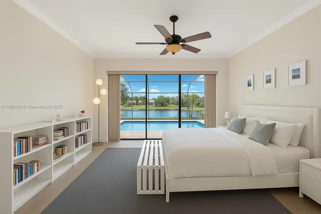 a bedroom with a large bed and a book shelf