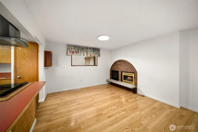 a view of a living room with a large window