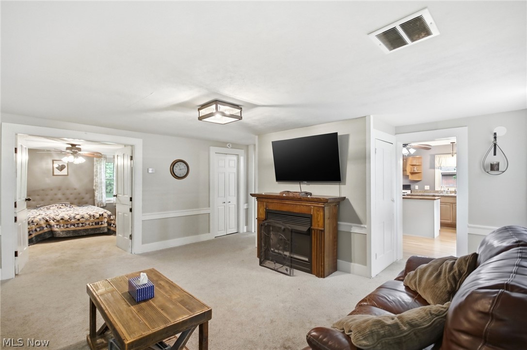 Living area featuring light gray walls, carpet flooring, a wood fireplace surround with an insert, and a rectangular ceiling light fixture