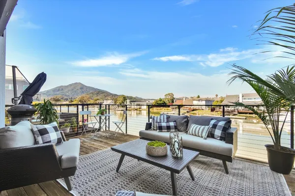 a roof deck with couches and potted plants