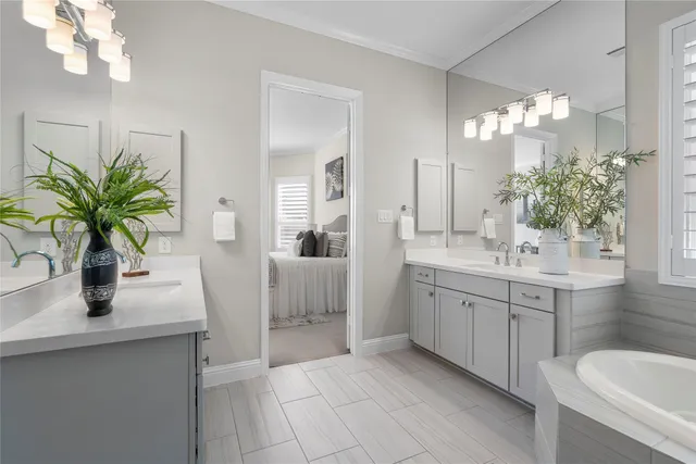 a bathroom with a sink a faucet a potted plant and a shower