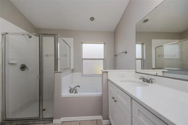 a bathroom with a bathtub shower sink vanity and mirror