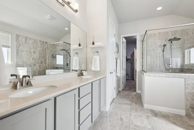 a bathroom with a double vanity sink mirror and shower