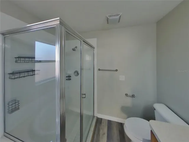 a bathroom with a shower and a toilet