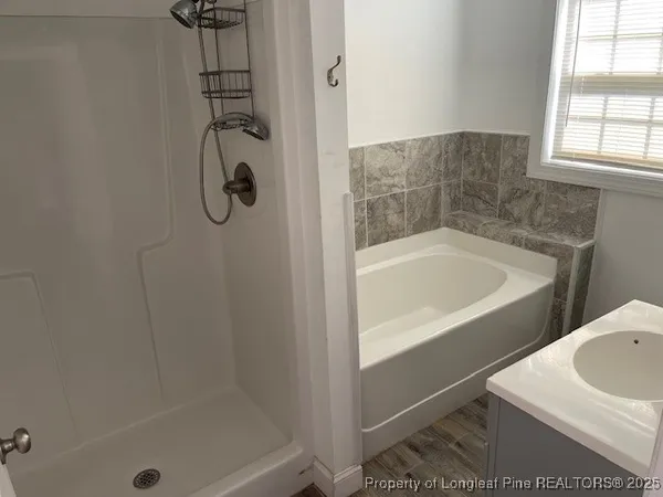 a bathroom with a tub a sink and a shower
