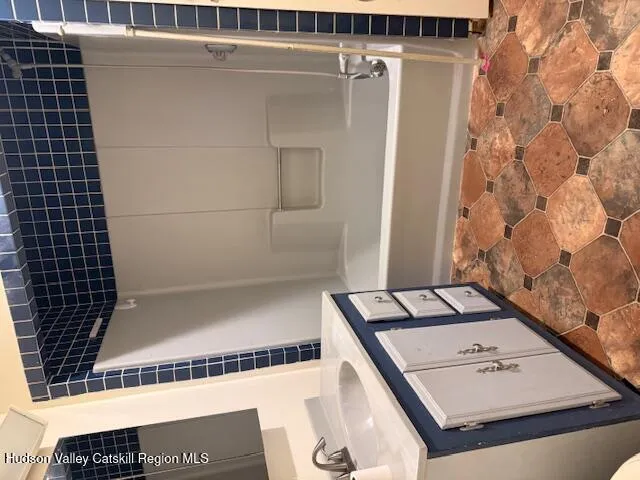 a bathroom with a shower and a sink