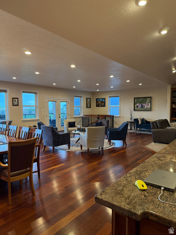 3145 South 500 West Vernal, UT 84078 - Photo 62 of 64 Living area with a textured ceiling, dark wood-type flooring, recessed lighting, and french doors
