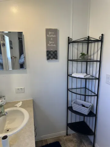 a bathroom with a sink and a mirror