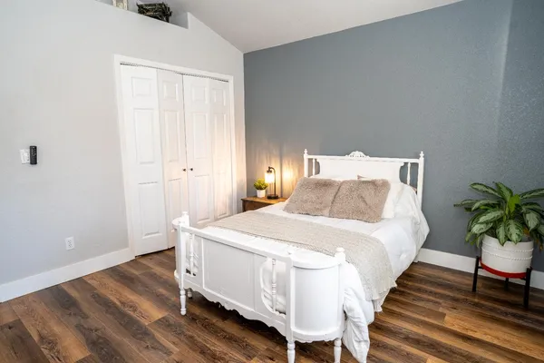 a spacious bedroom with a bed and a potted plant